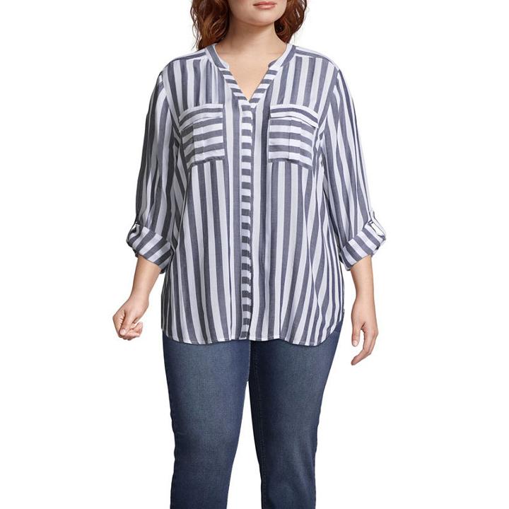 A.n.a 3/4 Sleeve Button-front Stripe Shirt - Plus