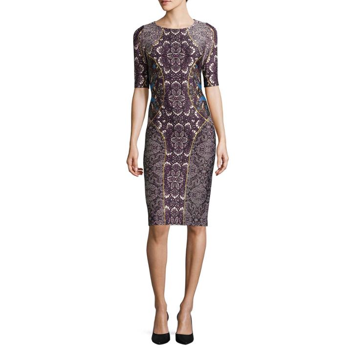 Danny & Nicole Elbow-sleeve Medallion-print Midi Sheath Dress