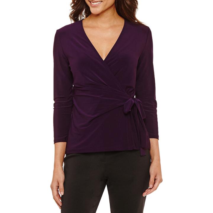 Black Label By Evan-picone 3/4 Sleeve V Neck Blouse