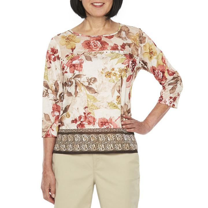 Alfred Dunner Sunset Canyon 3/4 Sleeve Split Crew Neck Geometric T-shirt-womens