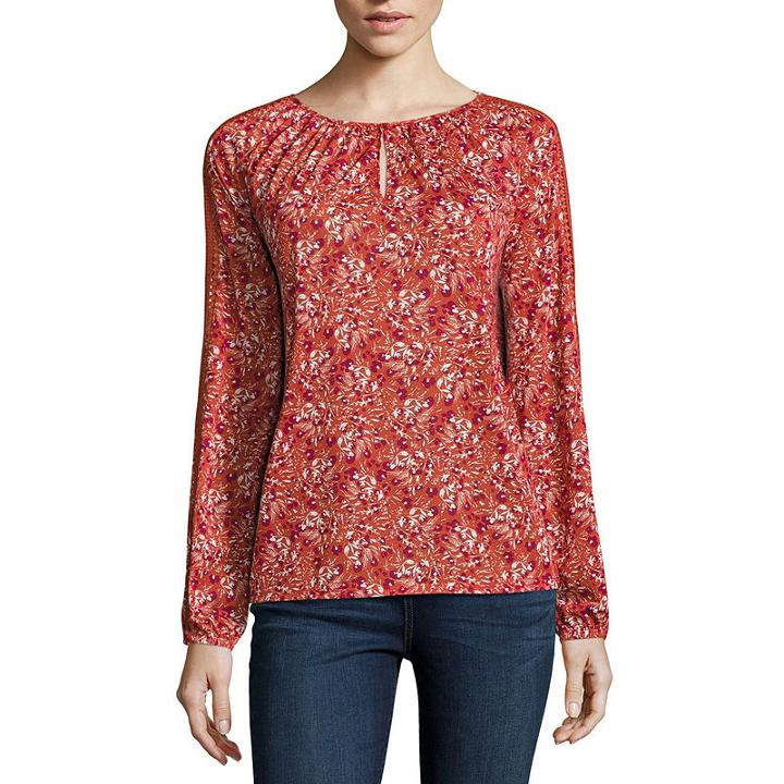 St. John's Bay Long Sleeve Round Neck Slubbed Blouse-talls