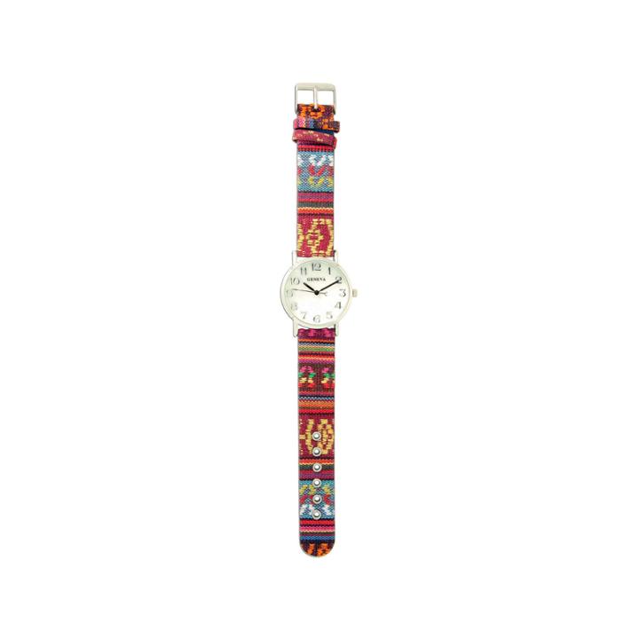 Olivia Pratt Womens Silver-tone Faux Mop Dial Red-yellow Patterned Fabric Strap Watch 10352tr