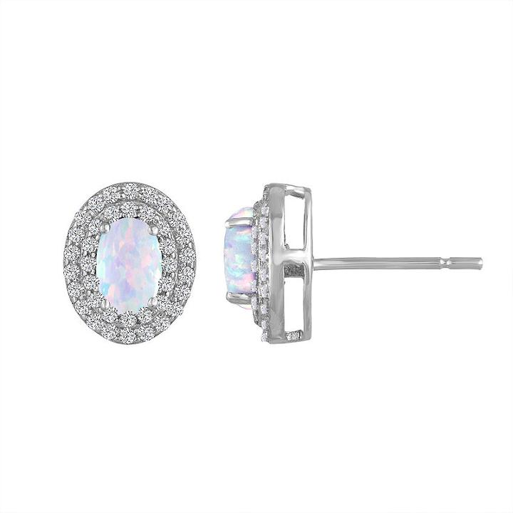 Lab-created Opal & Lab-create White Sapphire Double Halo Sterling Silver Stud Earrings