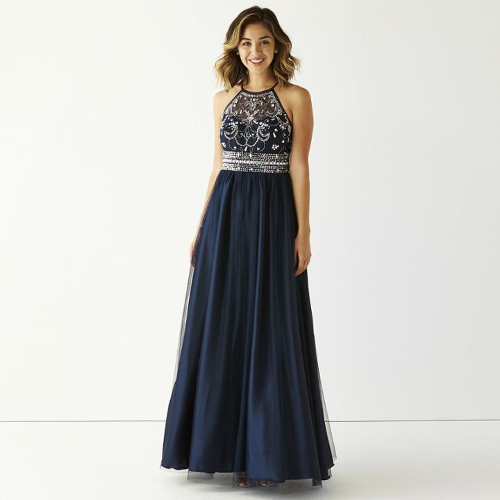 Be Smart Spaghetti Strap Embellished Halter Ball Gown
