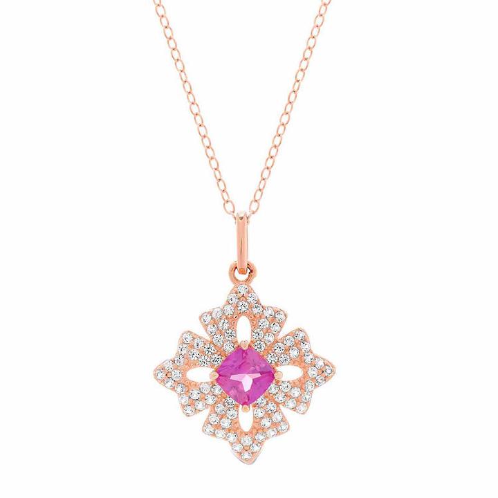 Womens Lab Created Red Ruby Flower Pendant Necklace