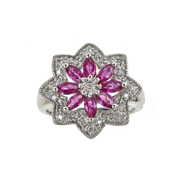 Limited Quantities Lead Glass-filled Ruby And Lab-created White Sapphire Flower Ring