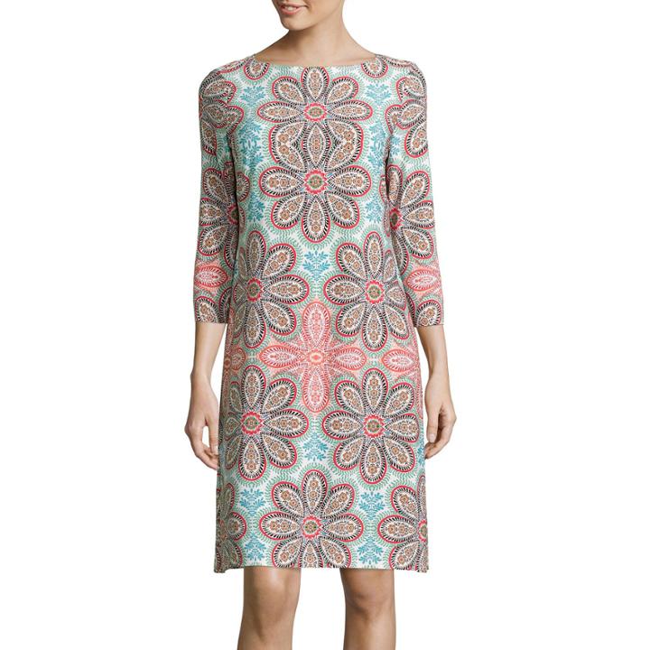 London Times 3/4-sleeve Medallion Print Shift Dress