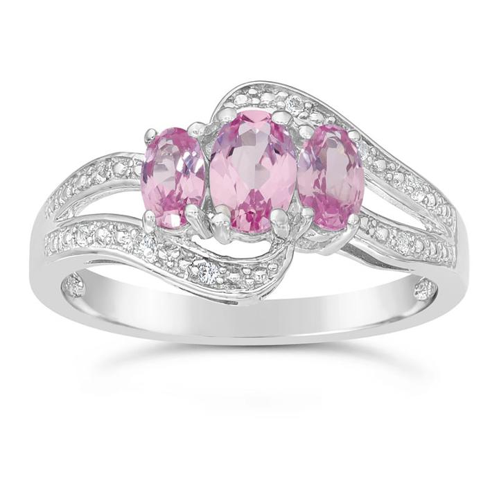 Womens Lab Created Sapphire Pink Sterling Silver 3-stone Ring