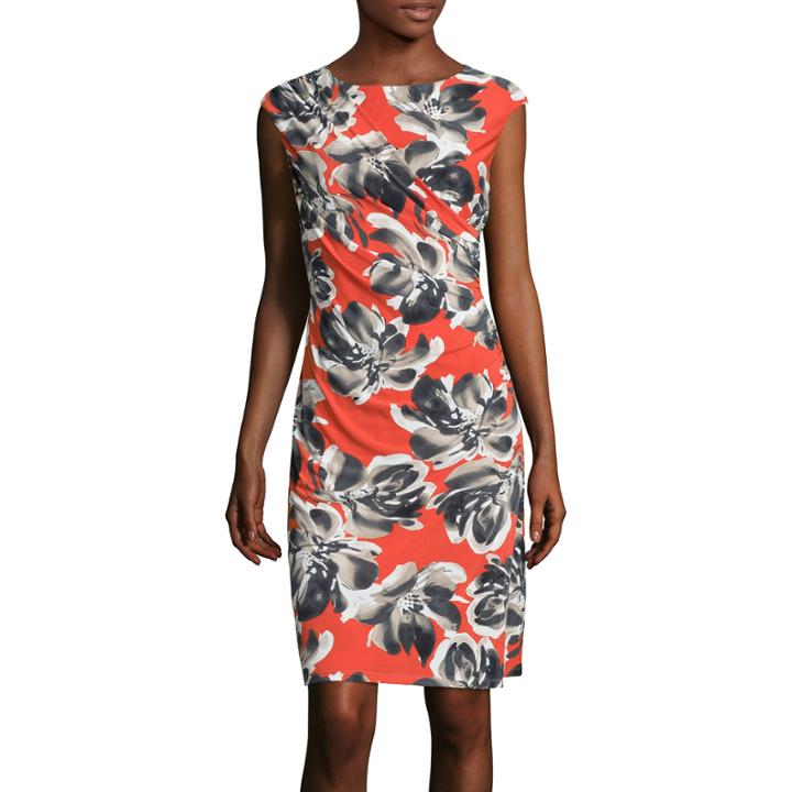 Black Label By Evan-picone Cap-sleeve Side-ruched Floral Sheath Dress