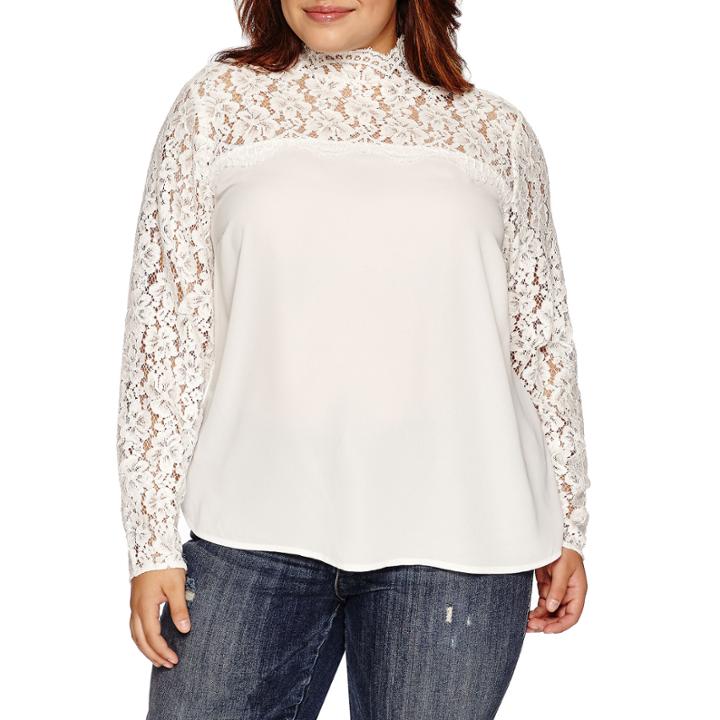 Belle + Sky Long Sleeve Round Neck Woven Blouse-plus