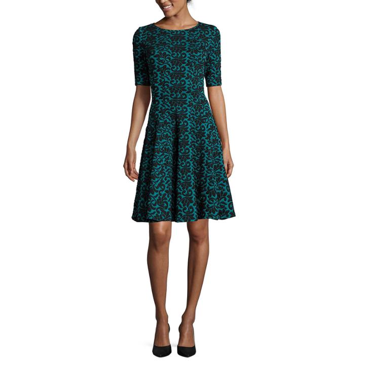 Danny & Nicole Elbow-sleeve Scroll Fit-and-flare Dress