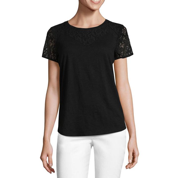 Liz Claiborne Short Sleeve Lace Yoke T-shirt-womens