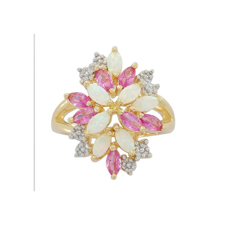 Lab-created Opal, Pink And White Sapphire Cluster Ring