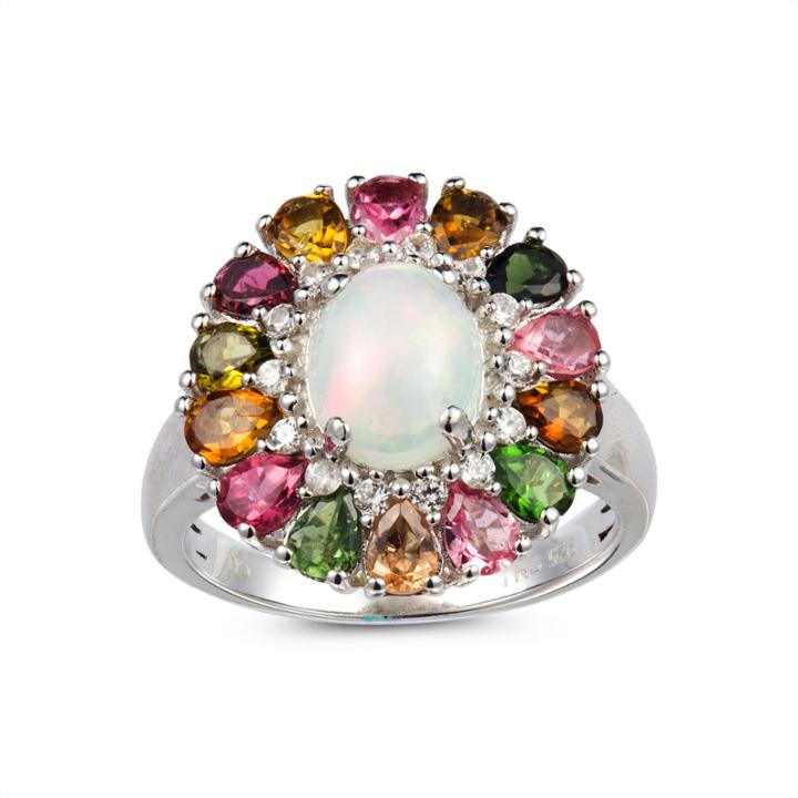 Womens White Opal Sterling Silver Cluster Ring
