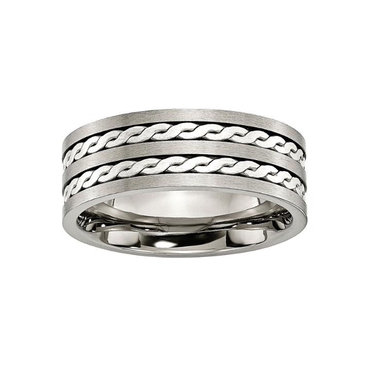 Personalized Mens 8mm Titanium & Sterling Silver Braided Inlay Wedding Band