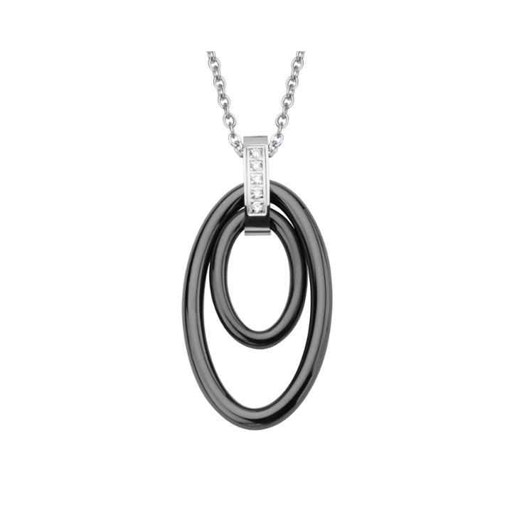 Cubic Zirconia Stainless Steel Ceramic Double Oval Pendant Necklace