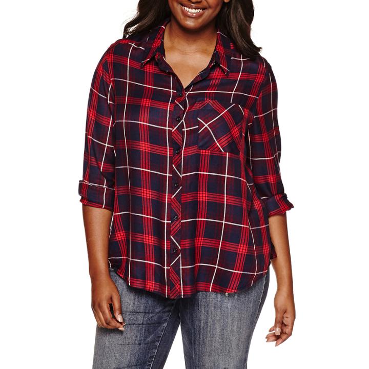 Arizona Long Sleeve Boyfriend Plaid Shirt-juniors Plus