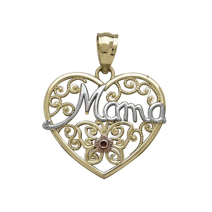 Tesoro&trade; 14k Tri-color Gold Mama Filigree Heart Pendant