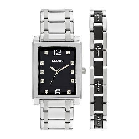 Elgin Mens Crystal Stainless Steel And Black Watch And Bracelet