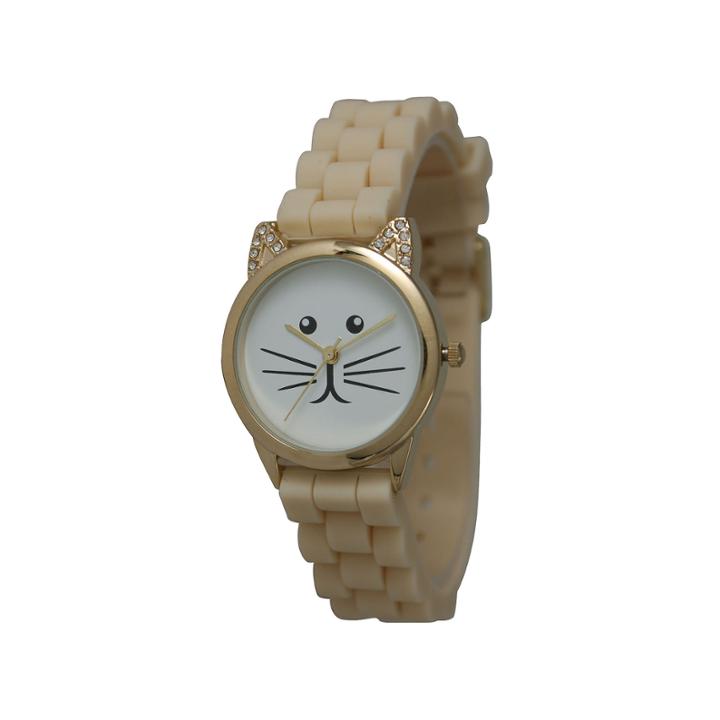Olivia Pratt Womens Gold-tone White With Black Cat Face Dial Beige Silicone Strap Watch 13586