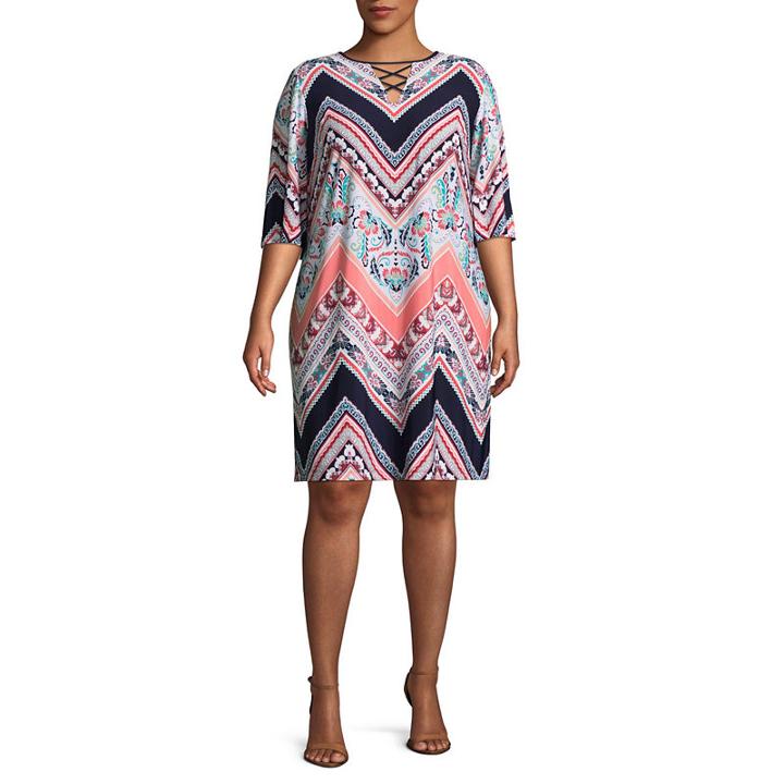 Studio 1 3/4 Sleeve Chevron Print Shift Dress - Plus