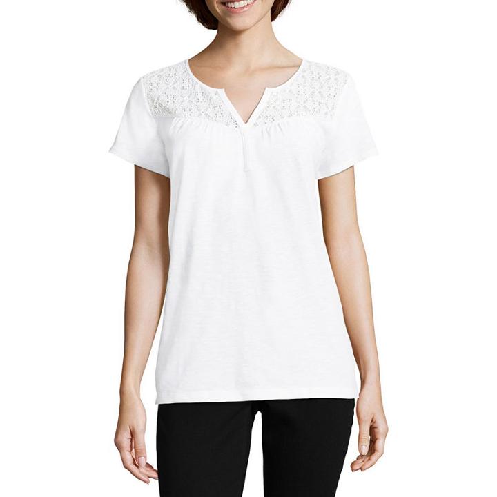 St. John's Bay Short Sleeve Split Crew Neck T-shirt-womens Petites