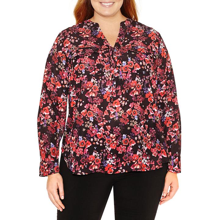 A.n.a Long Sleeve Y Neck Woven Lace Up Blouse-plus