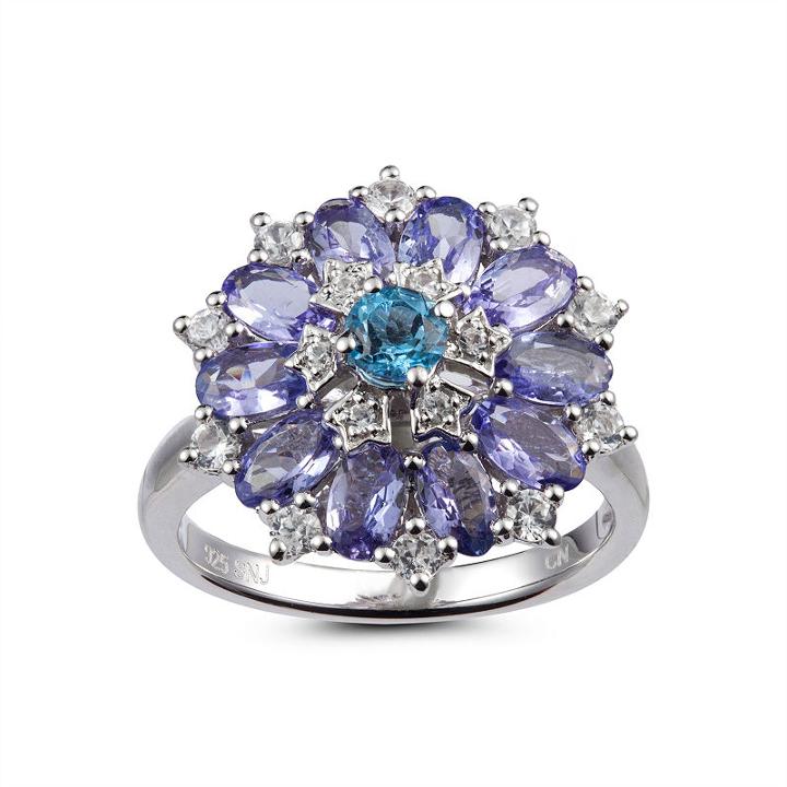 Womens Blue Topaz Blue Sterling Silver Flower Cluster Ring