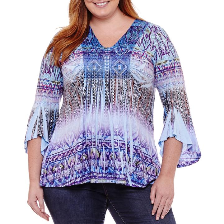 Unity World Wear 3/4 Bell Sleeve Abstract Knit Blouse - Plus