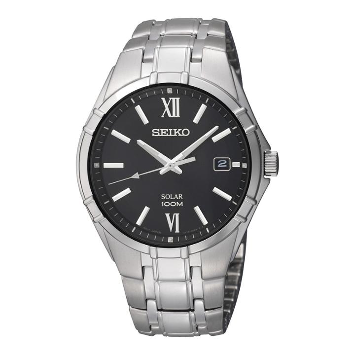 Seiko Mens Black Dial Stainless Steel Solar Watch Sne215
