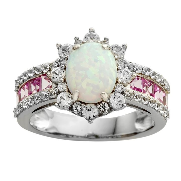 Lab-created Opal, Pink & White Sapphire Sterling Silver Cocktail Ring