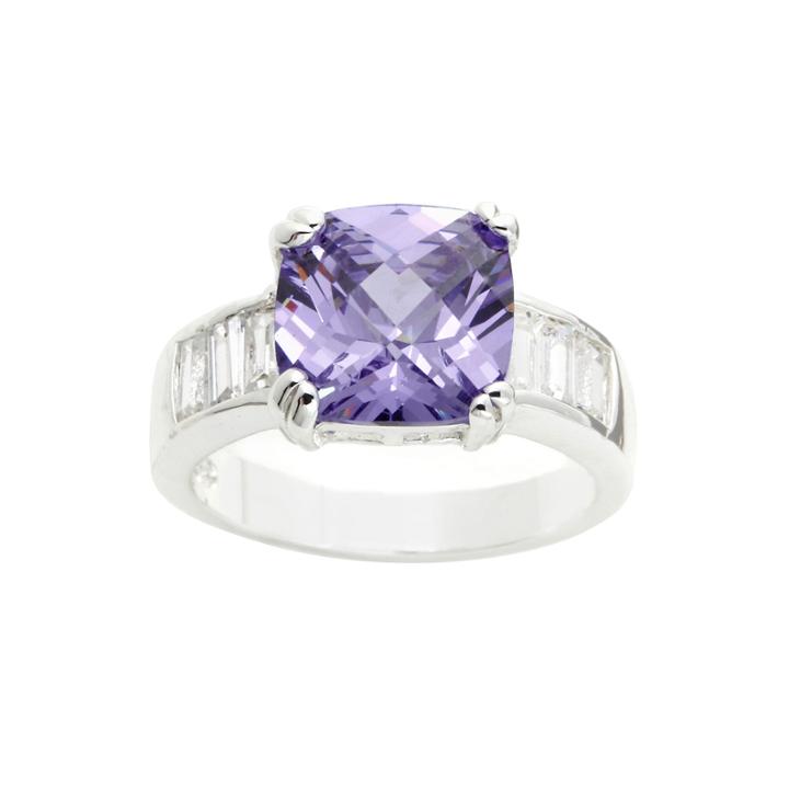 Crystal Sophistication™ Amethyst Square Cut Cubic Zirconia With Baquette On Silver Band Ring