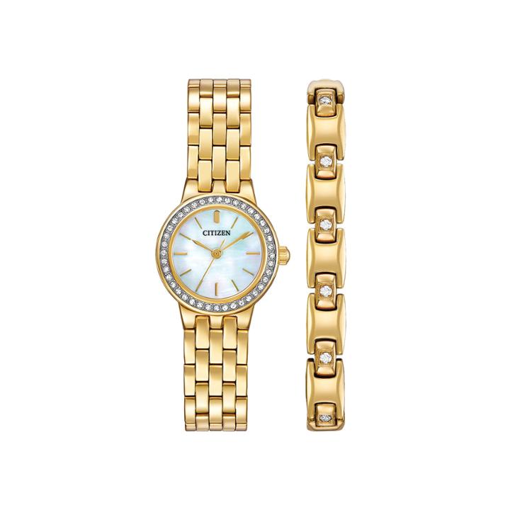 Citizen Womens Crystal-accent Gold-tone Stainless Steel Bracelet And Watch Set Ej6102-64d