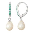 White Cultured Freshwater Pearl & Lab-created Emerald Sterling Silver Earrings