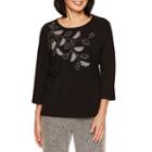 Alfred Dunner Wrap It Up 3/4 Sleeve Crew Embroidery Top