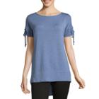 Liz Claiborne Short Ruched Sleeve Round Neck T-shirt-womens