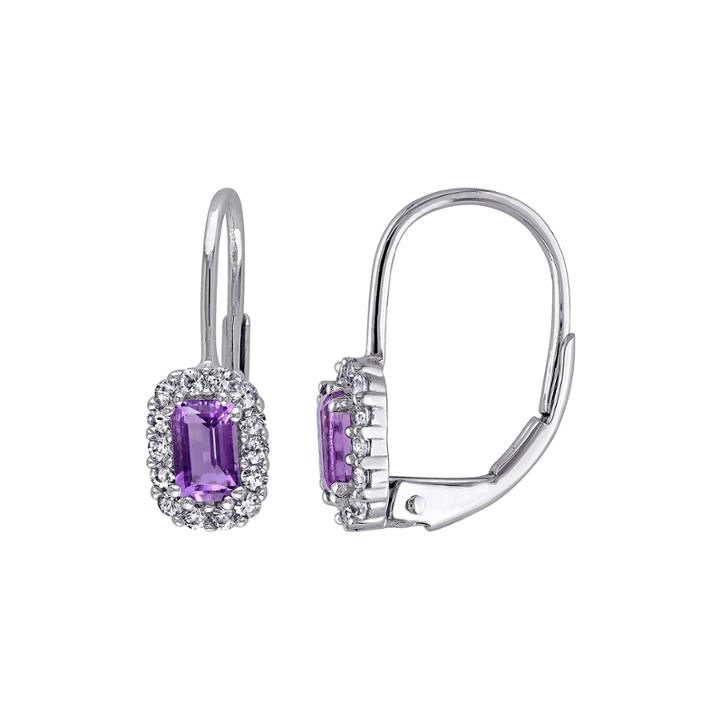 Genuine Amethyst And White Sapphire Halo Leverback Drop Earrings