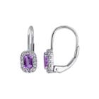Genuine Amethyst And White Sapphire Halo Leverback Drop Earrings