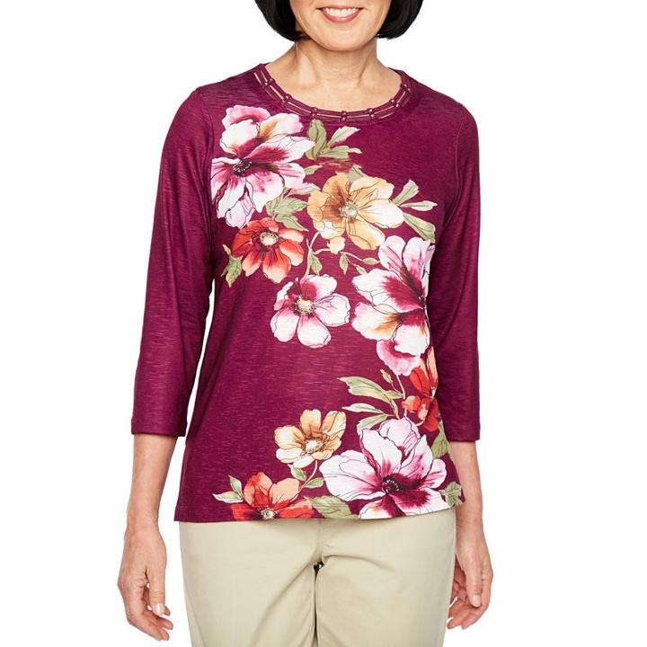 Alfred Dunner Classics 3/4 Sleeve Round Neck Floral T-shirt-womens