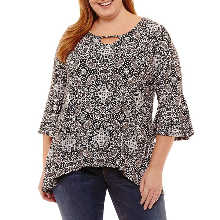 3/4 Bell Sleeve Keyhole Printed Blouse-plus