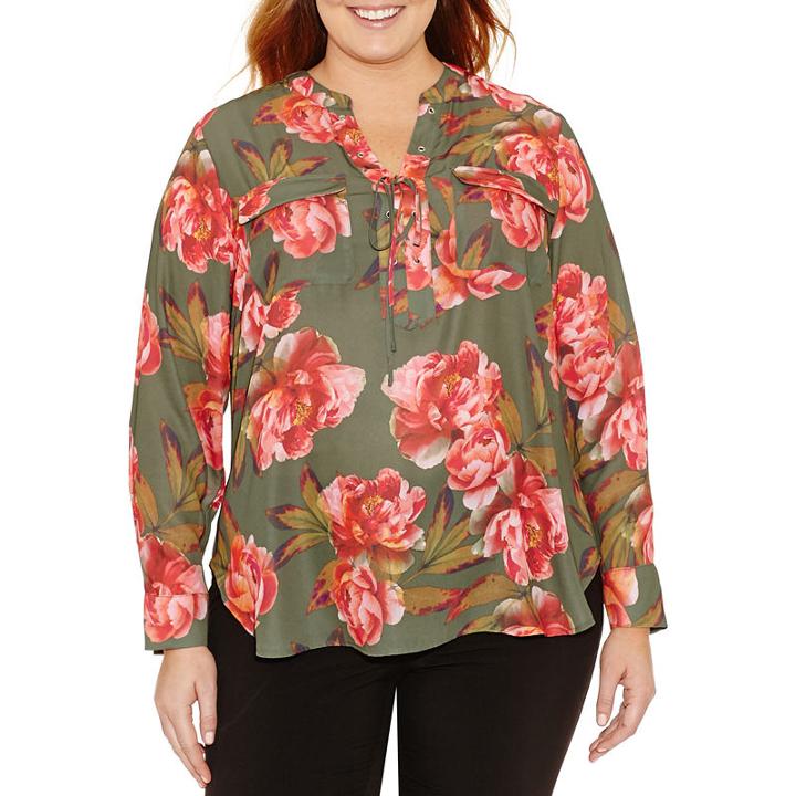 A.n.a Long Sleeve Y Neck Woven Lace Up Blouse - Plus