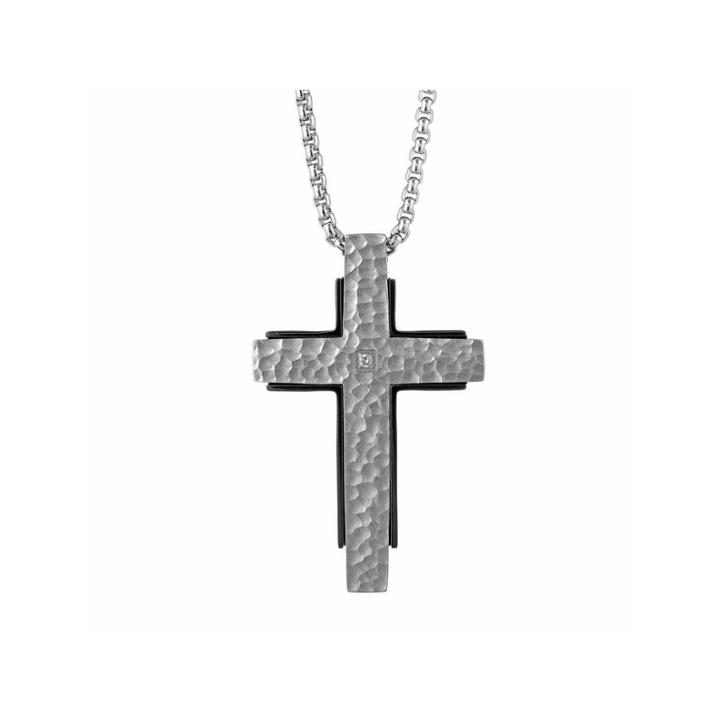 Mens White Diamond Stainless Steel Pendant Necklace