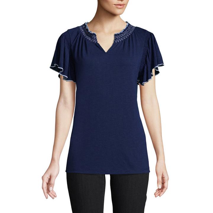 St. John's Bay Short Sleeve Smocked Blouse - Tall