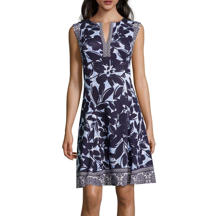 Liz Claiborne Cap-sleeve Floral-print Fit-and-flare Dress