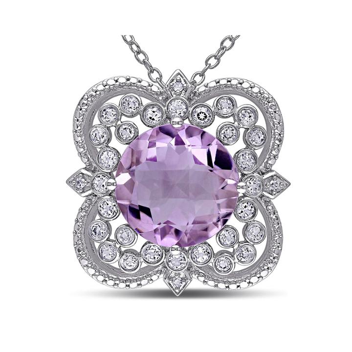 Round Genuine Rose De France Amethyst, White Topaz And Diamond-accent Necklace