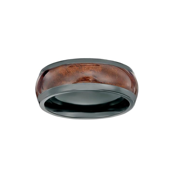 Mens Black Zirconium Band Ring With Wood Inlay