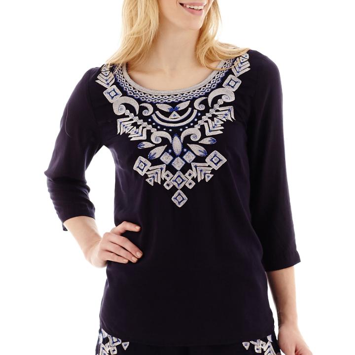 Stylus 3/4-sleeve Embroidered Peasant Top- Petite