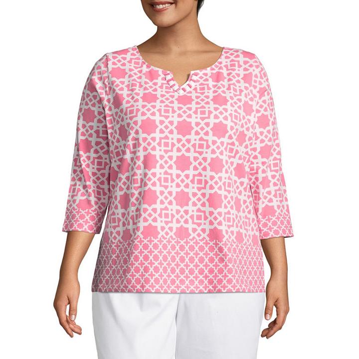 Lark Lane Island Hopping Notch Neck Moroccan Print Top- Plus