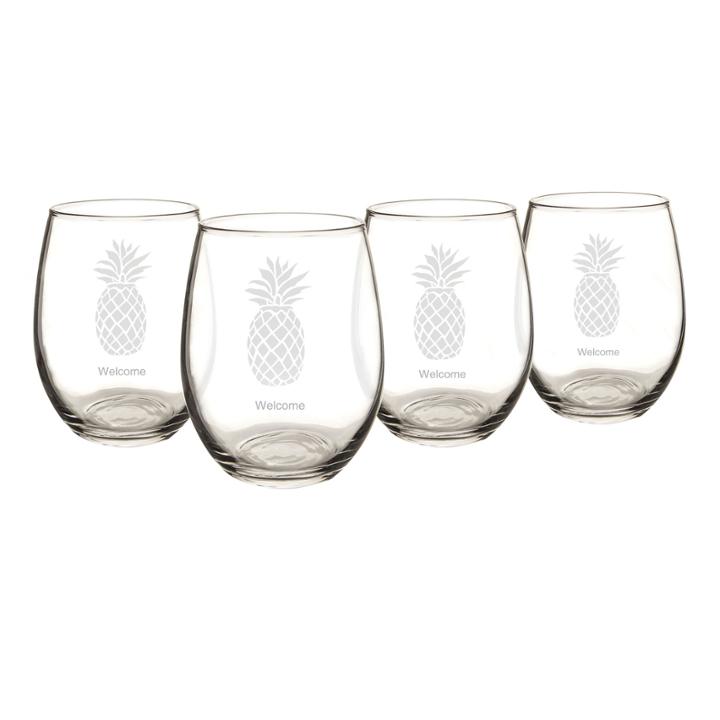 Cathy's Concepts Set Of 4 Pineapple Stemless Wine Glasses