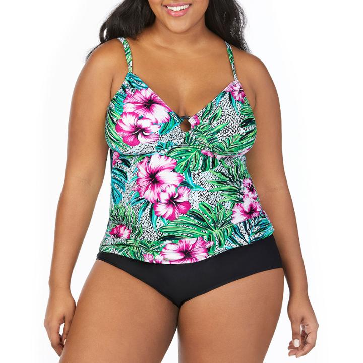St. John's Bay Hibiscus Panama Palm Ring Front Tankini Swimsuit Top